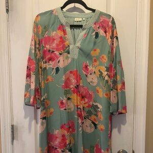 Spartina 449 Teal Floral Shift Dress with 3/4 Bell Sleeves Size Medium